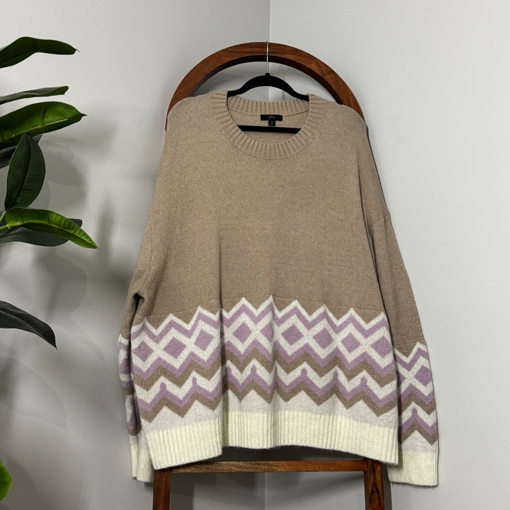 J. Crew 3X Tan Wool Blend Fair Isle Chevron Knit Sweater